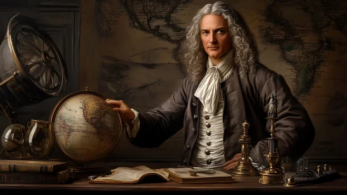 Seated scholar rests hand on terrestrial globe in study