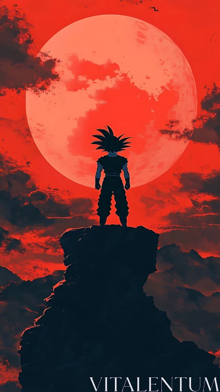 Silhouetted spiky-haired figure before large red moon.