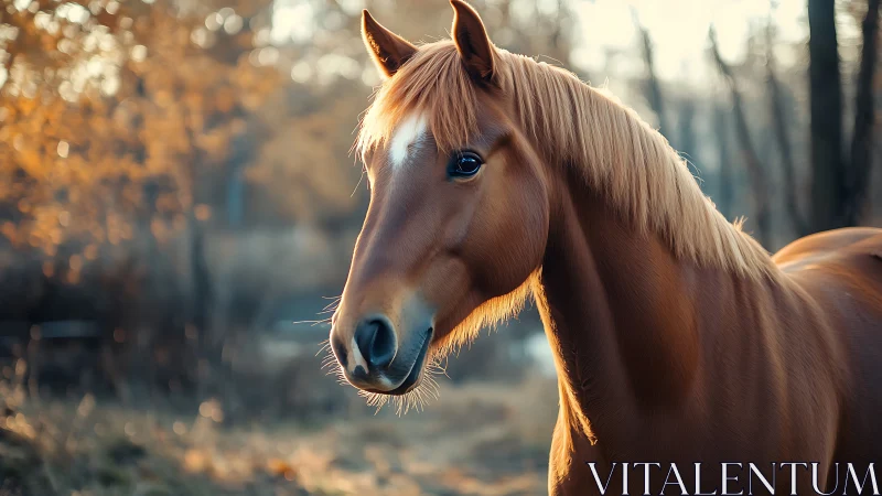 Chestnut horse stands in soft golden forest light.