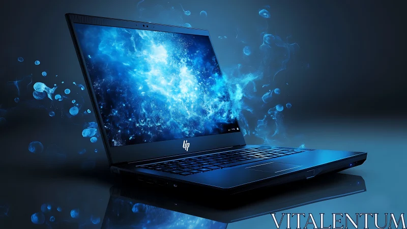 Futuristic laptop projects vibrant blue digital energy cloud