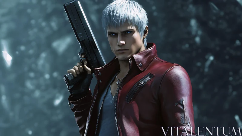 Silver-haired gunfighter in crimson leather jacket stance.