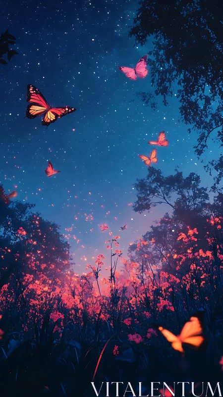 Butterflies over glowing wildflower meadow at night.