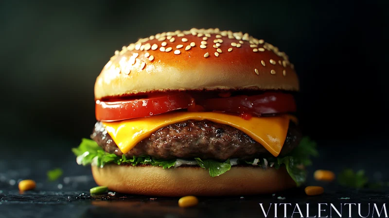 High-contrast cheeseburger close-up with glossy lighting and bokeh
