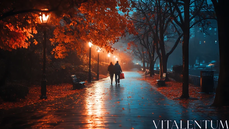 Rainy Autumn Evening Walk Through Illuminated Park.