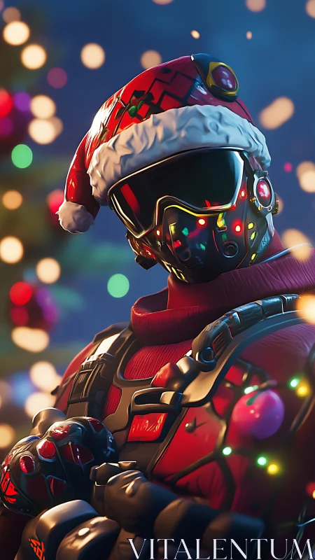 Armored cyber-soldier in Santa gear with emissive visor shading