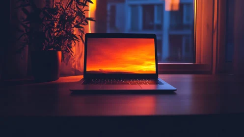 Glowing laptop at dusk on wooden desk beside window scene.