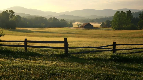 Photographic pastoral valley with barn and layered ridgelines.