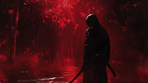 Backlit katana wielder stands in rain-soaked red forest haze