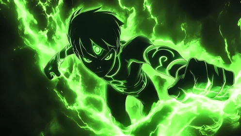 Neon green energy-empowered character in dynamic motion.