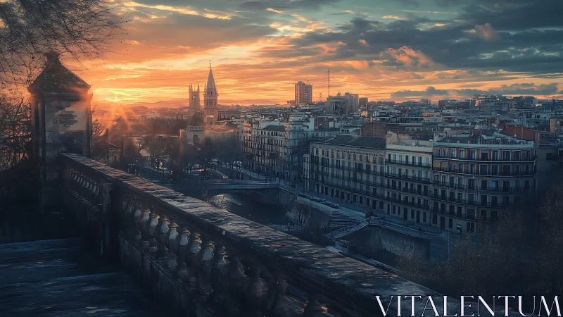 Sunlit European city skyline under dramatic winter clouds