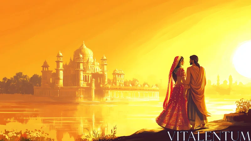 Sunlit royal couple overlooking golden riverside palace.