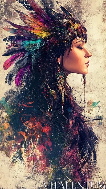 Profile portrait with feathered headdress in abstract pigments