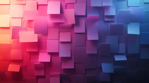 Gradient wall of layered paper squares glows with depth
