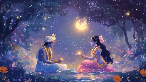 Divine couple sharing light in a moonlit enchanted forest.