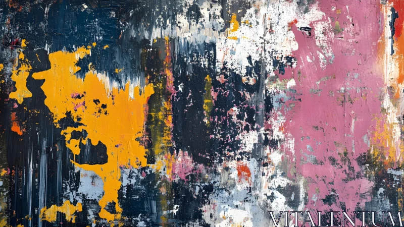 Bold Abstract Painting with Yellow, Navy, and Pink Brush Strokes.