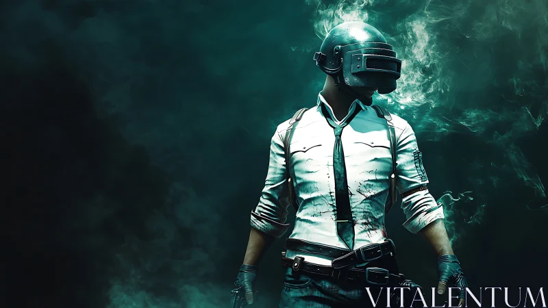 Helmeted game hero standing bold in swirling teal smoke.