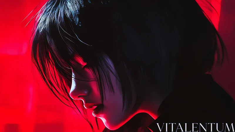 Softly lit profile of a thoughtful girl in crimson glow.