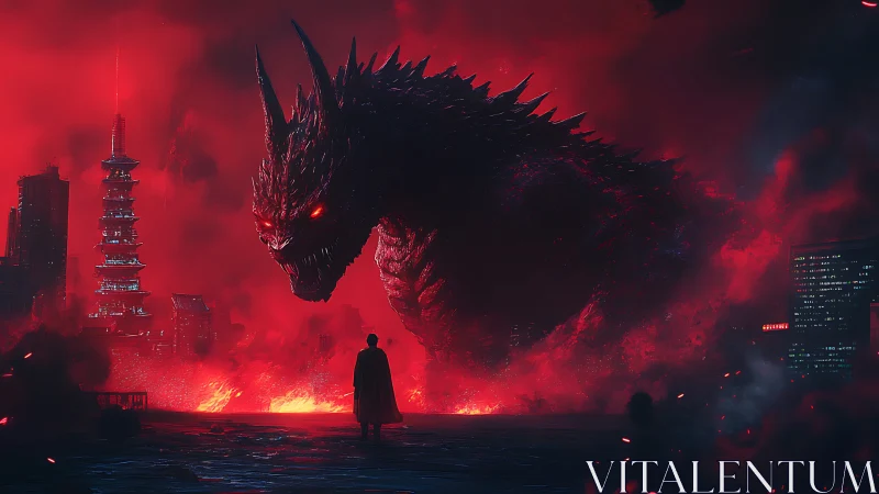 Gigantic spiked creature in red-illuminated cityscape at night.