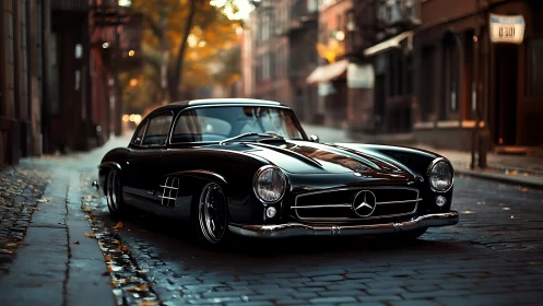 Restored Mercedes 300SL coupe rendered in autumn street environment
