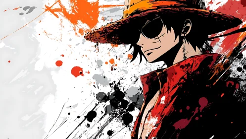 Confident anime pirate in red shirt and straw hat.