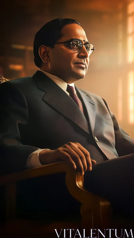 Formal seated portrait with warm rim lighting and tailored suit