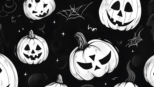 Jack-o-lantern pumpkins repeat across dark Halloween background