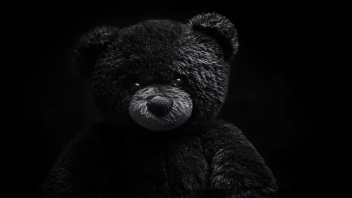 Black plush teddy bear in dramatic low key studio portrait.