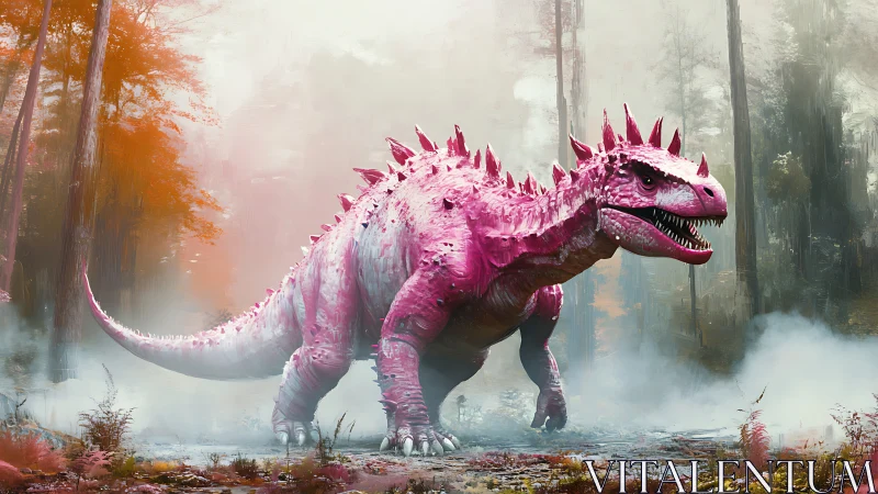 Pink spiked dinosaur stalking misty autumn forest scene.