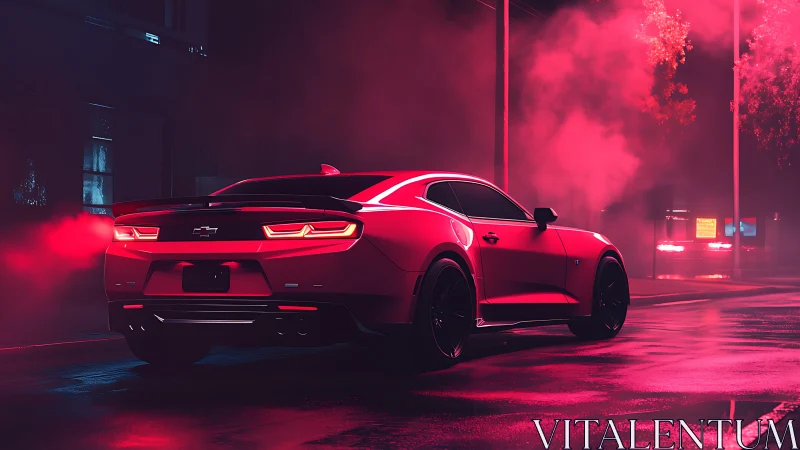 Red sports coupe in neon pink night street scene.
