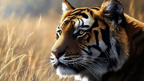 Tiger gazes through golden grass in warm evening light