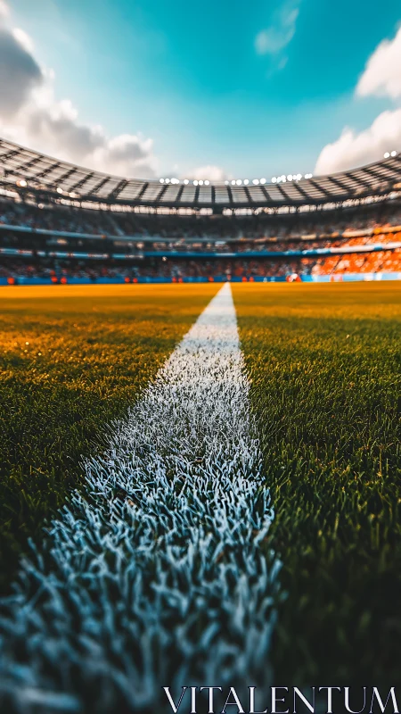 Soccer pitch touchline in large outdoor stadium perspective.