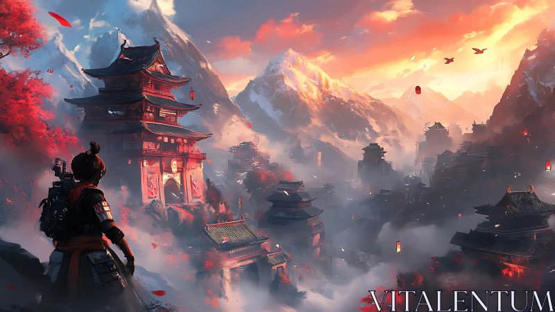 Samurai observer above misty mountain temple cityscape.