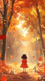 Child in red coat standing in sunlit autumn forest path.