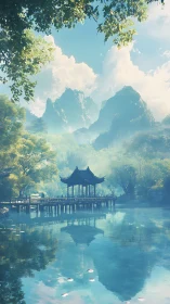 Tranquil lakeside pavilion beneath misty jade mountains.