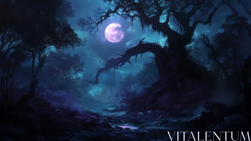 Moonlit witchwood dreaming beneath a violet spectral moon.