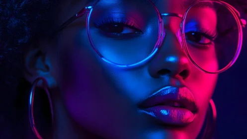 Close-up portrait of woman in neon lighting with glasses, modern style.