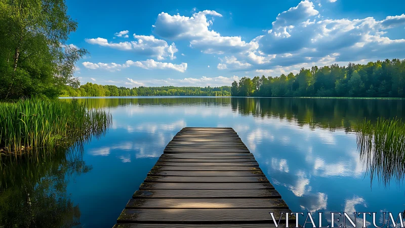 Timber pier leading into reflective forest lake under clouds.