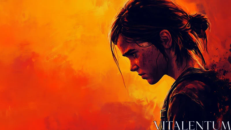 Solitary girl in profile against blazing orange sky.