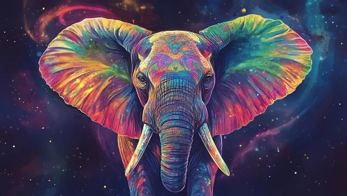 Color-saturated cosmic elephant portrait with vivid nebula backdrop.