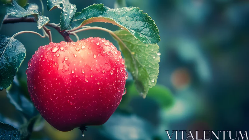 Raindrop jewelled apple pauses mid-orchard for its portrait