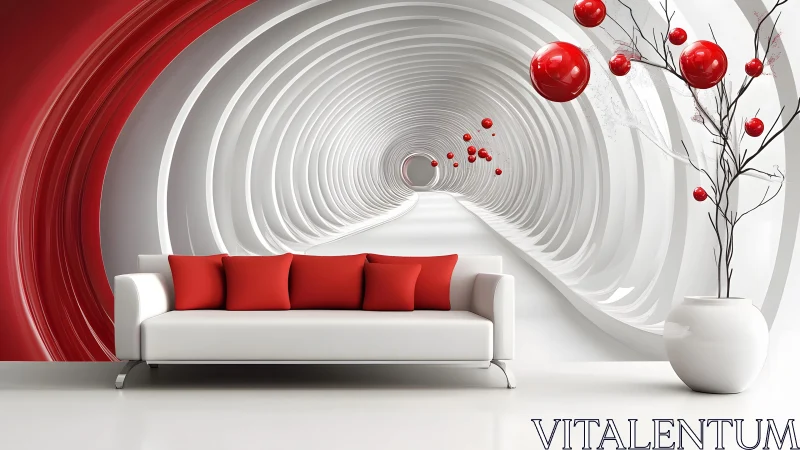 Modern white sofa in futuristic tunnel room with red accents.
