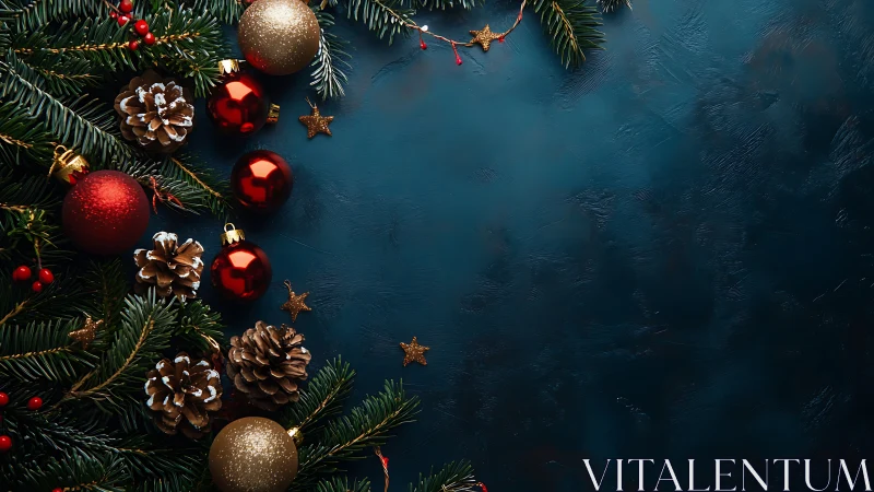 Diagonal Christmas garland arrangement accents textured blue backdrop