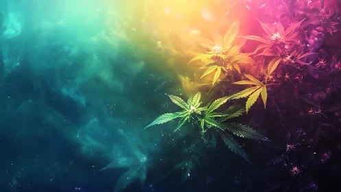 Psychedelic cannabis foliage glows under prismatic nebula light