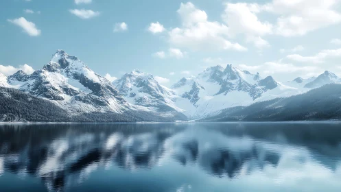 Glacial alpine massif mirrored in low-turbulence mountain lake.