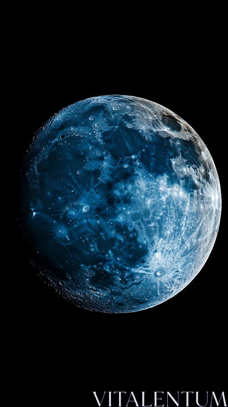 Luminous blue-tinted moon glows against deep black space.