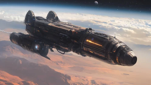 Massive orbital starship glides above a desert world.