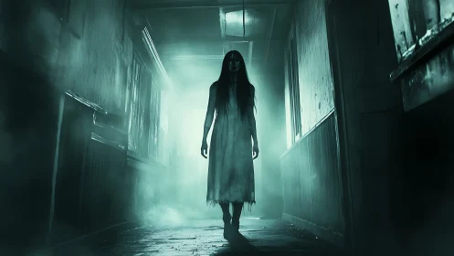 Ghostly woman advances through misty, decaying corridor.