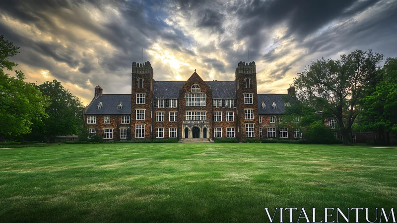 Historic brick college hall stands under dramatic stormy sky