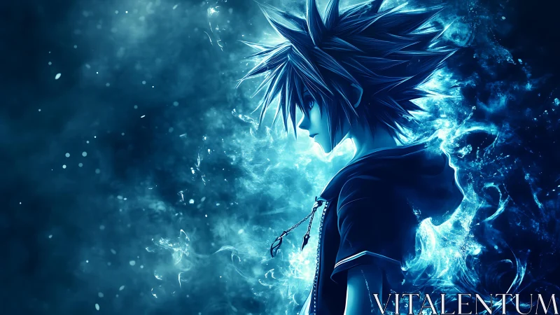 Spiky haired anime warrior amid swirling blue energy field.