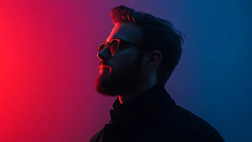Cool bearded silhouette in glowing neon red and blue light.